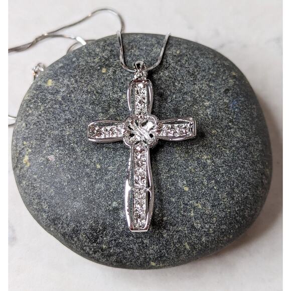 White Gold Plated Crystal Cross Necklace - Picture 11 of 12